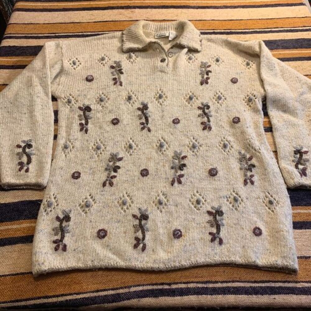 Capacity VTG Wool Blend Embroidered Floral Collared Sweater Medium Forest Shabby
